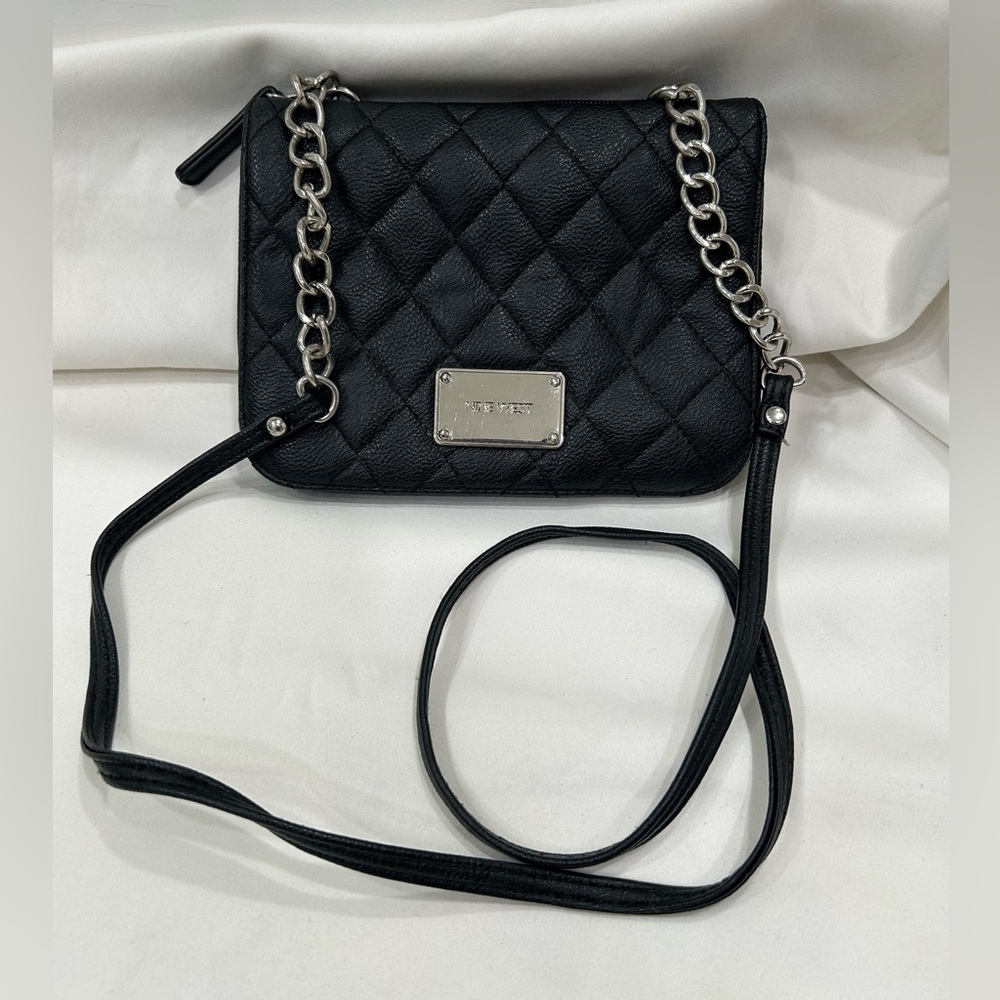 Nine West Faux Leather Black Quilted Crossbody Bag/Purse